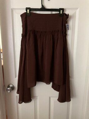 MAX STUDIO Bohemian-style Skirt Smocked-Waist  Brown Silk Zipper Asymmetrical  L
